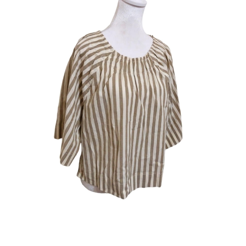 Everlane beige striped blouse 3/4 sleeve 99% organic cotton top pleated neck L